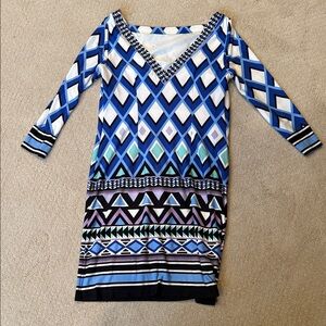 Eliza J Blue and Purple Geometric Long Sleeve Dress